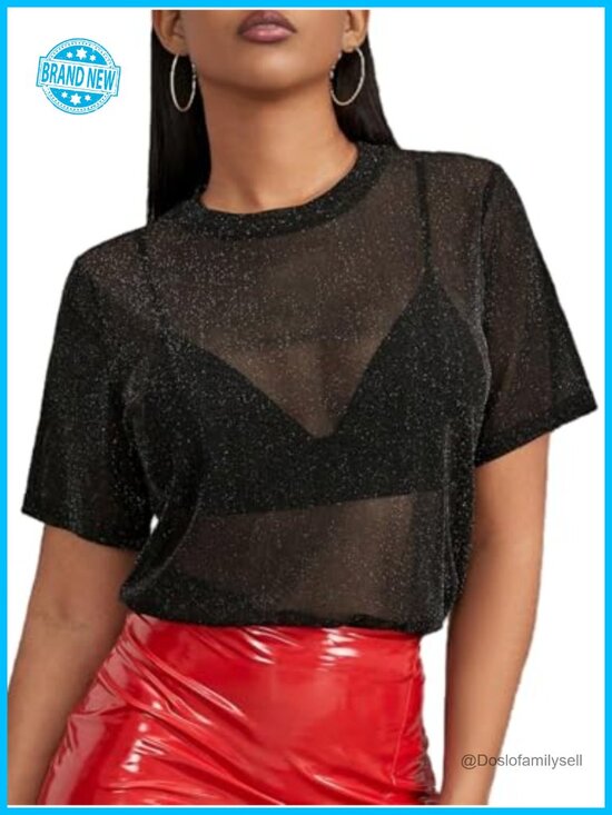 Women S Sequin Mesh Short Sleeve Blouse Sheer See — photo 1 of 1